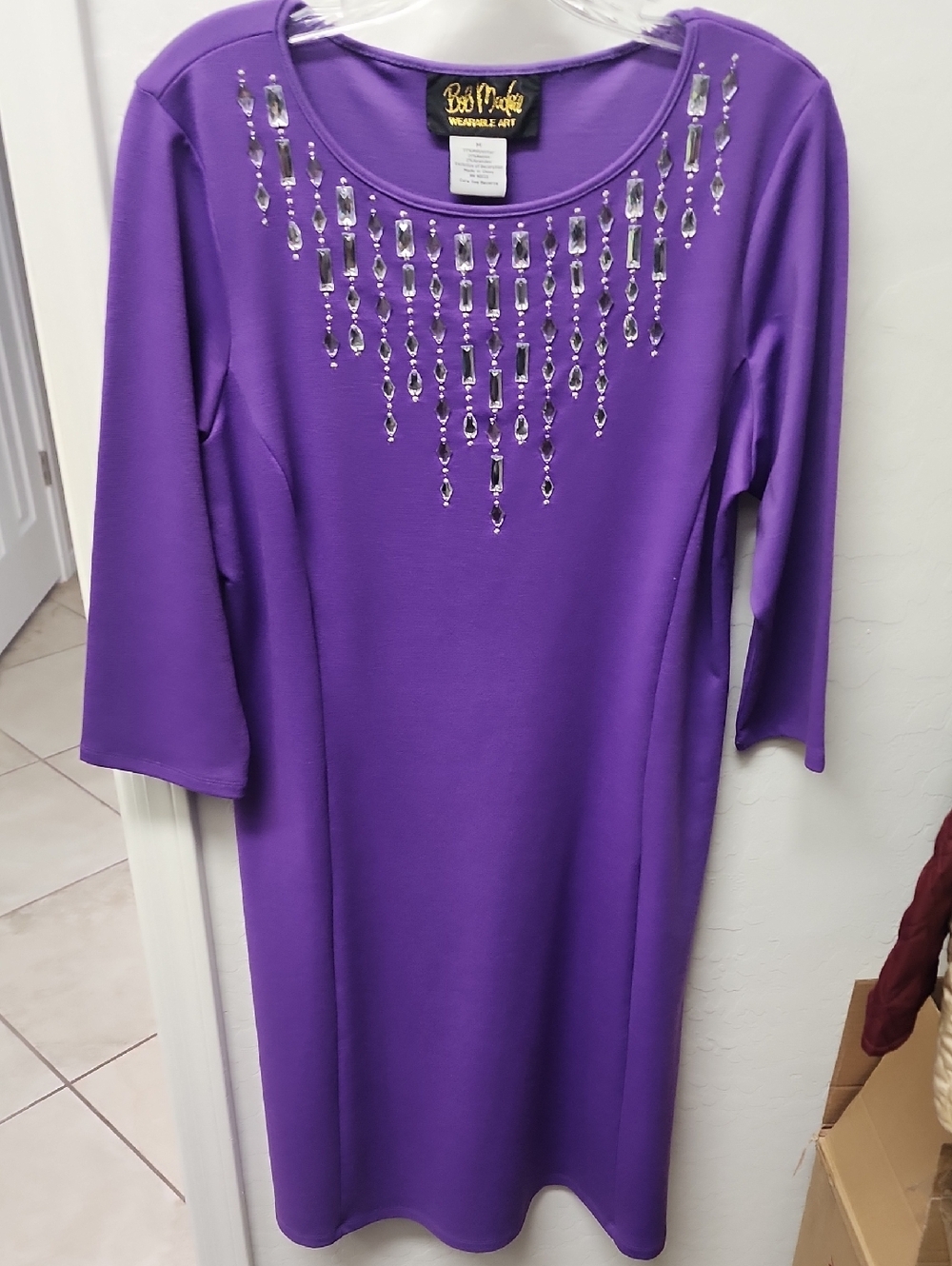 Bob Mackie Purple Bejeweled Scoop-Neck Long Sleeve Dress